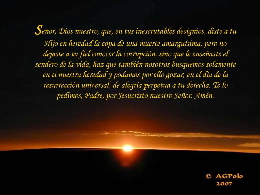 Señor, Dios nuestro, que, en tus inescrutables designios, diste a tu Hijo en heredad la copa de una muerte amarguísima, pero no dejaste a tu fiel conocer la corrupción, sino que le enseñaste el sendero de la vida, haz que también nosotros busquemos solamente en ti nuestra heredad y podamos por ello gozar, en el día de la resurrección universal, de alegría perpetua a tu derecha.