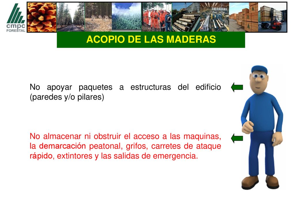 ACOPIO DE LAS MADERAS No apoyar paquetes a estructuras del edificio (paredes y/o pilares)