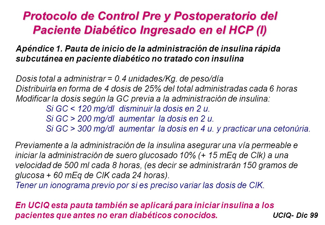 Protocolo de Control Pre y Postoperatorio del Paciente Diabético Ingresado en el HCP (I)
