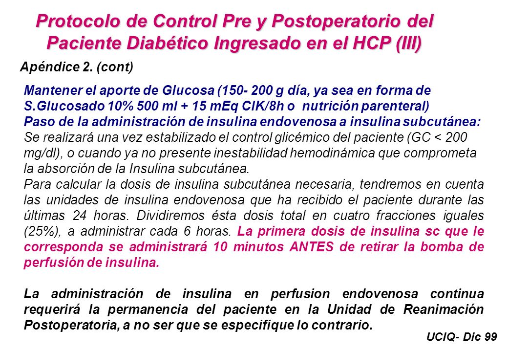 Protocolo de Control Pre y Postoperatorio del Paciente Diabético Ingresado en el HCP (III)