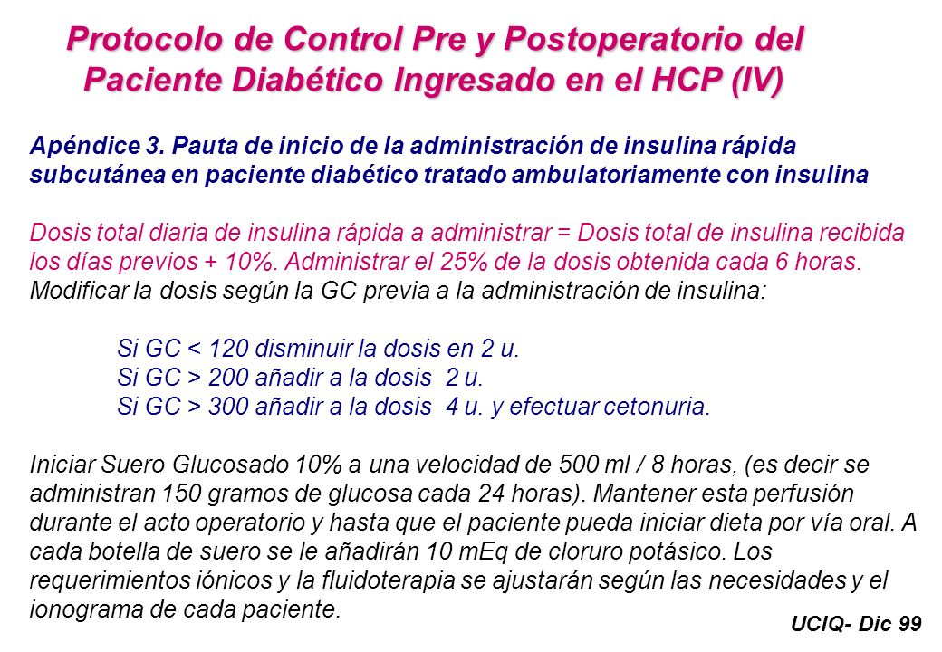 Protocolo de Control Pre y Postoperatorio del Paciente Diabético Ingresado en el HCP (IV)