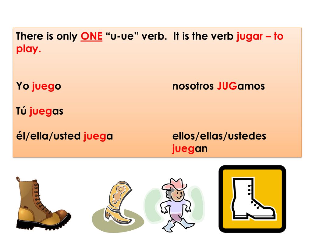 There is only ONE u-ue verb. It is the verb jugar – to play.