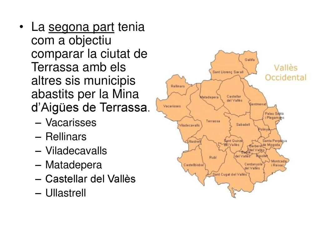 La segona part tenia com a objectiu comparar la ciutat de Terrassa amb els altres sis municipis abastits per la Mina d’Aigües de Terrassa.