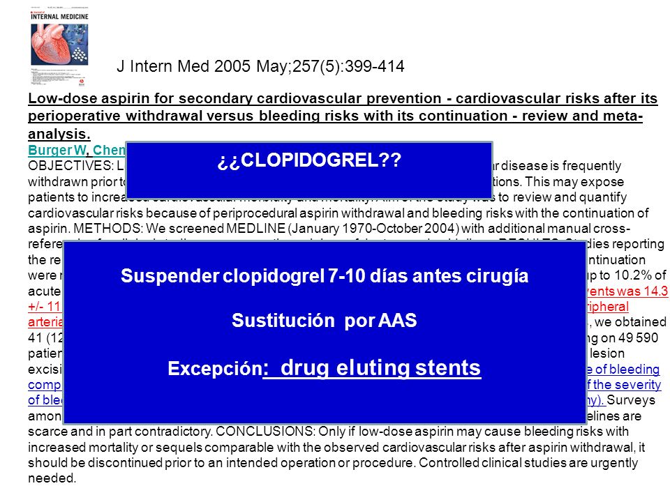 Suspender clopidogrel 7-10 días antes cirugía Sustitución por AAS