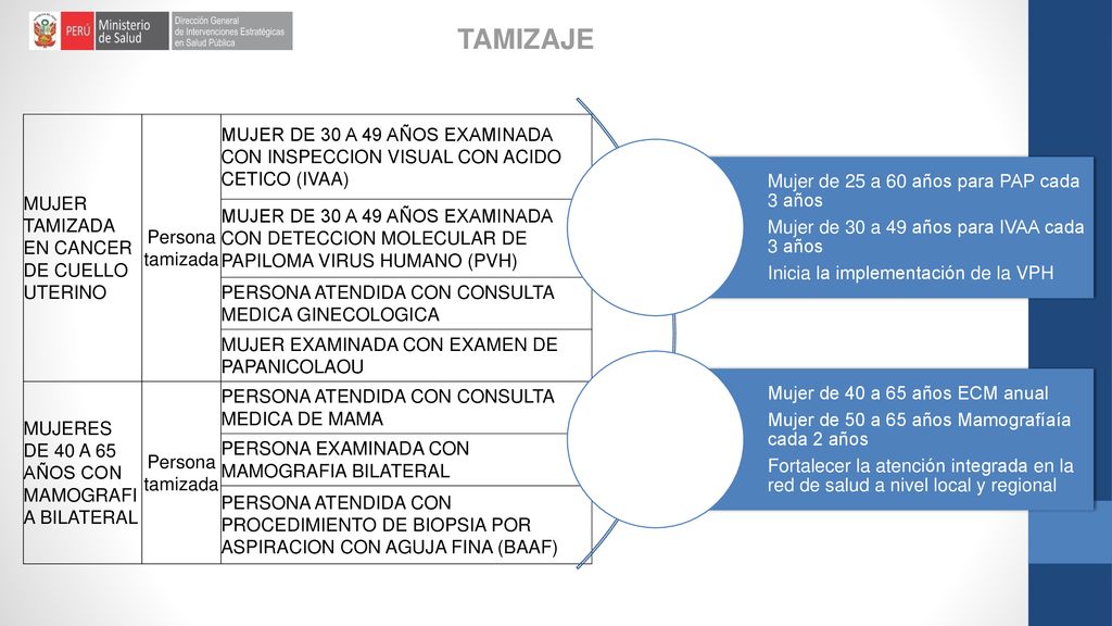 TAMIZAJE Mujer de 25 a 60 años para PAP cada 3 años. Mujer de 30 a 49 años para IVAA cada 3 años. Inicia la implementación de la VPH.