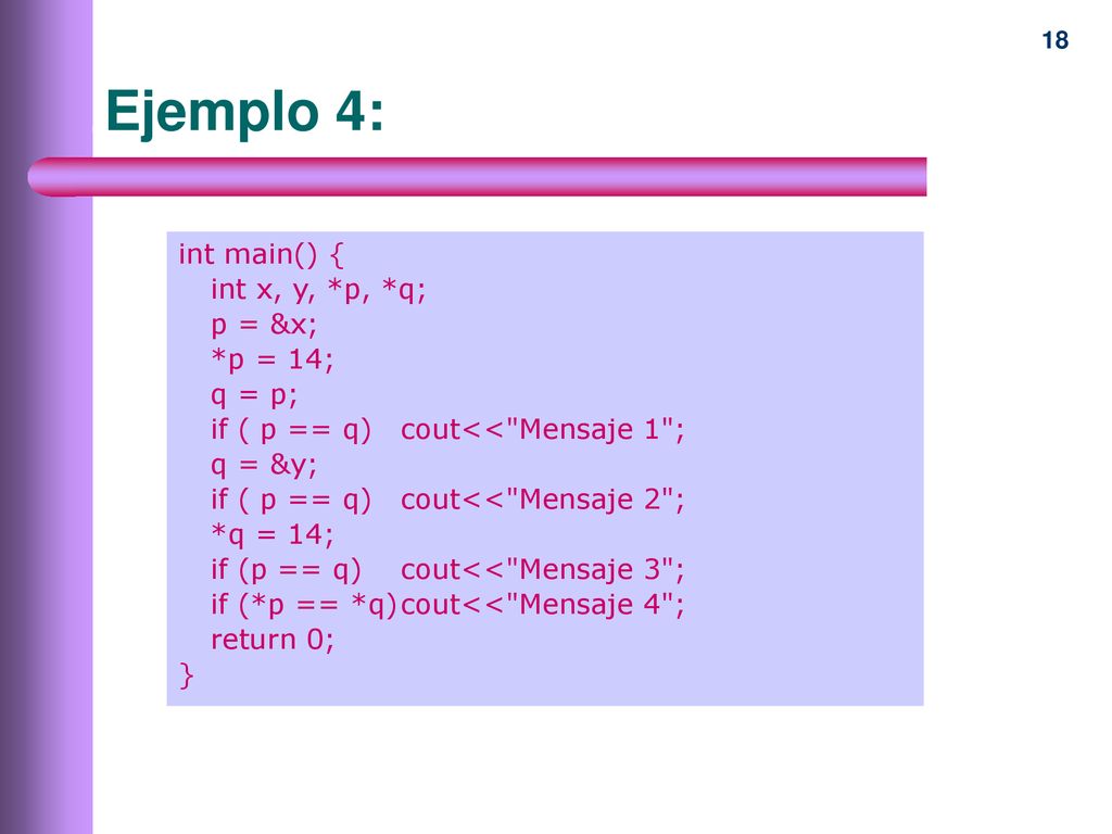 Ejemplo 4: int main() { int x, y, *p, *q; p = &x; *p = 14; q = p;