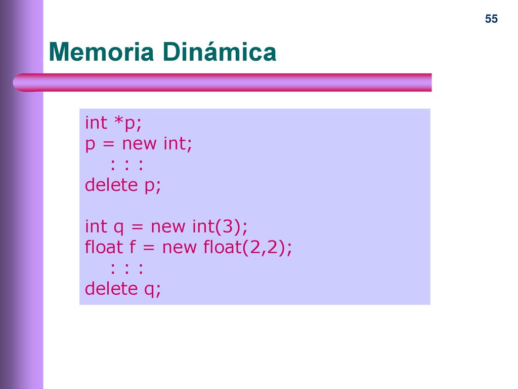 Memoria Dinámica int *p; p = new int; : : : delete p;