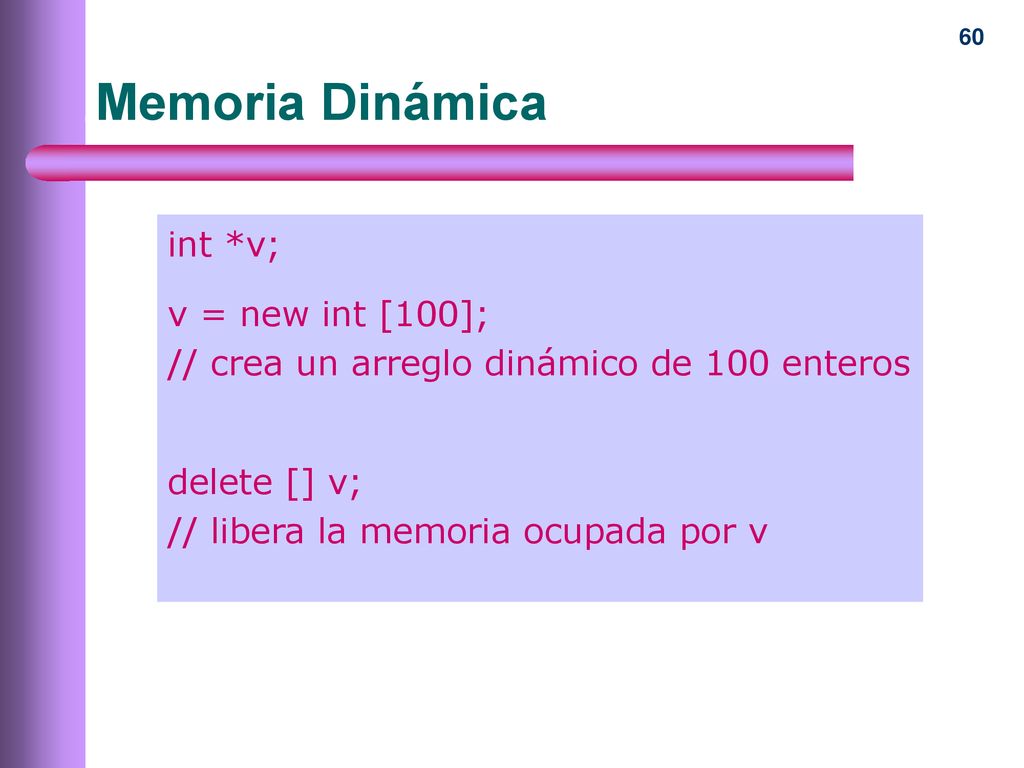 Memoria Dinámica int *v; v = new int [100];