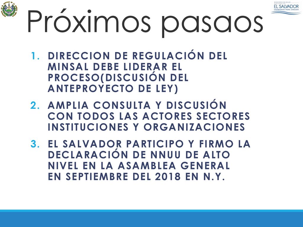 Próximos pasaos Direccion de Regulación del Minsal debe liderar el proceso(discusión del anteproyecto de Ley)