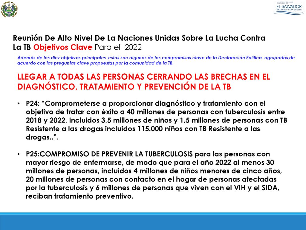 Reunión De Alto Nivel De La Naciones Unidas Sobre La Lucha Contra La TB Objetivos Clave Para el 2022