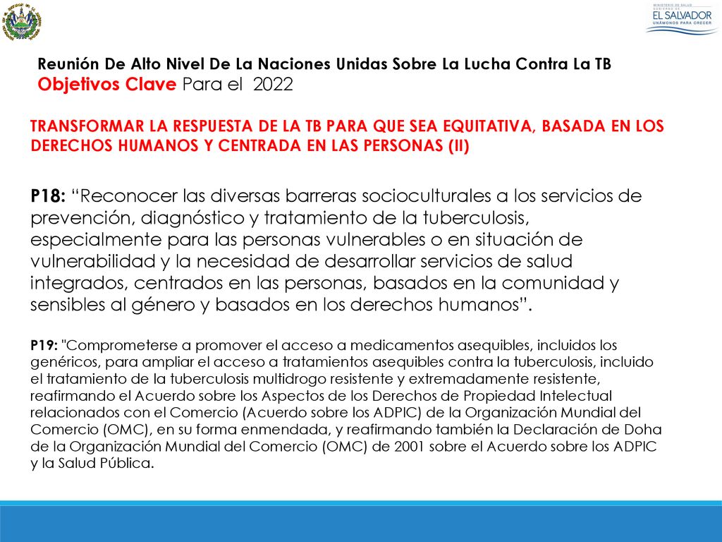 Reunión De Alto Nivel De La Naciones Unidas Sobre La Lucha Contra La TB Objetivos Clave Para el 2022