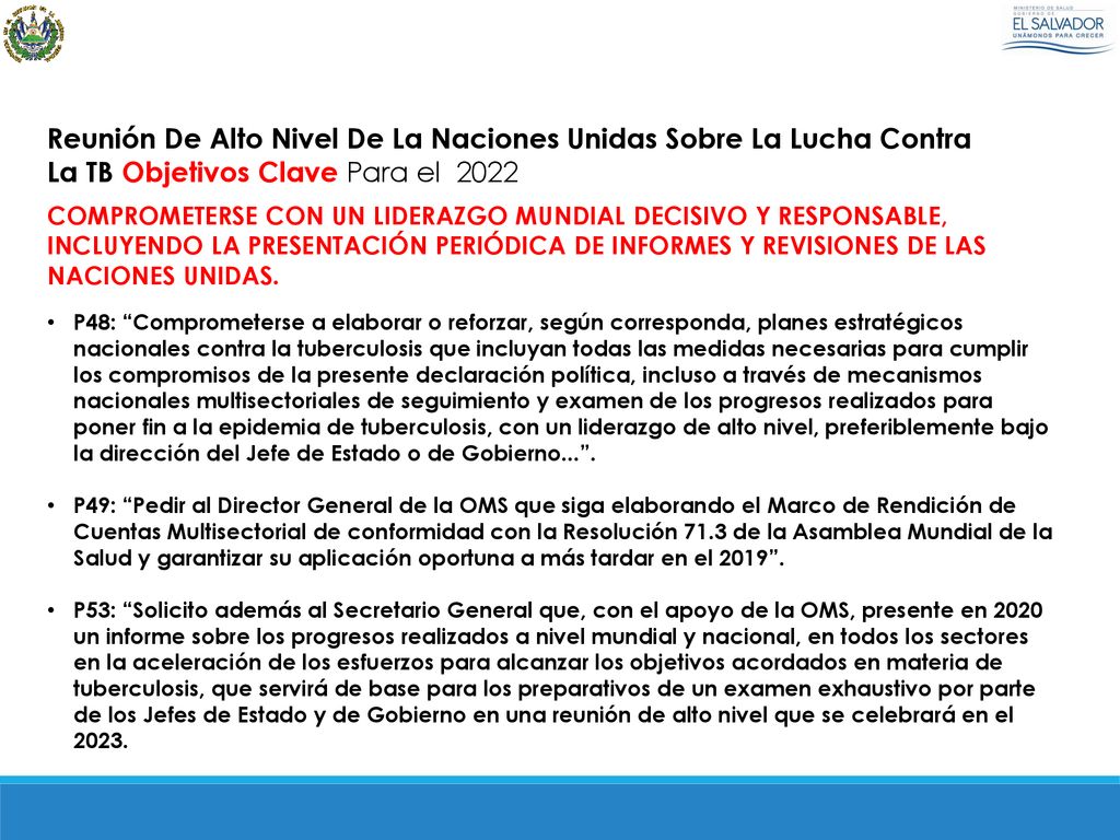 Reunión De Alto Nivel De La Naciones Unidas Sobre La Lucha Contra La TB Objetivos Clave Para el 2022
