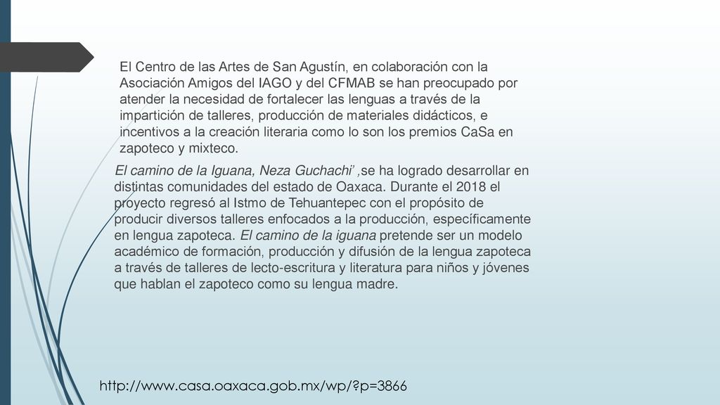 El Centro de las Artes de San Agustín, en colaboración con la Asociación Amigos del IAGO y del CFMAB se han preocupado por atender la necesidad de fortalecer las lenguas a través de la impartición de talleres, producción de materiales didácticos, e incentivos a la creación literaria como lo son los premios CaSa en zapoteco y mixteco.