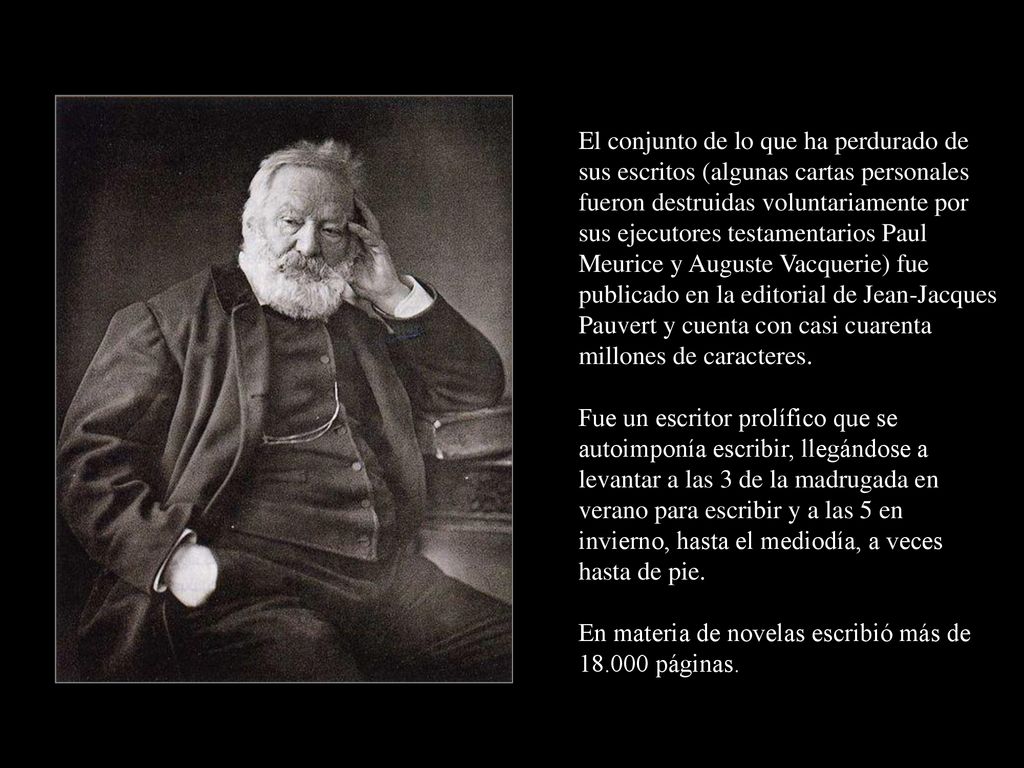 El conjunto de lo que ha perdurado de sus escritos (algunas cartas personales fueron destruidas voluntariamente por sus ejecutores testamentarios Paul Meurice y Auguste Vacquerie) fue publicado en la editorial de Jean-Jacques Pauvert y cuenta con casi cuarenta millones de caracteres.