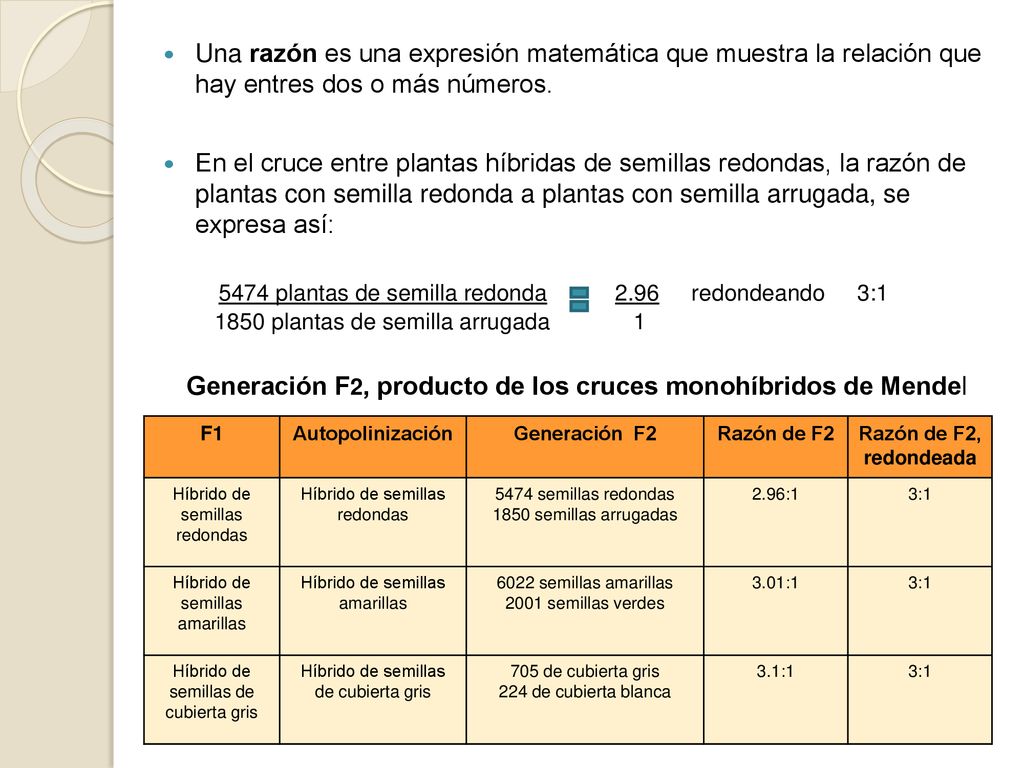 Generación F2, producto de los cruces monohíbridos de Mendel
