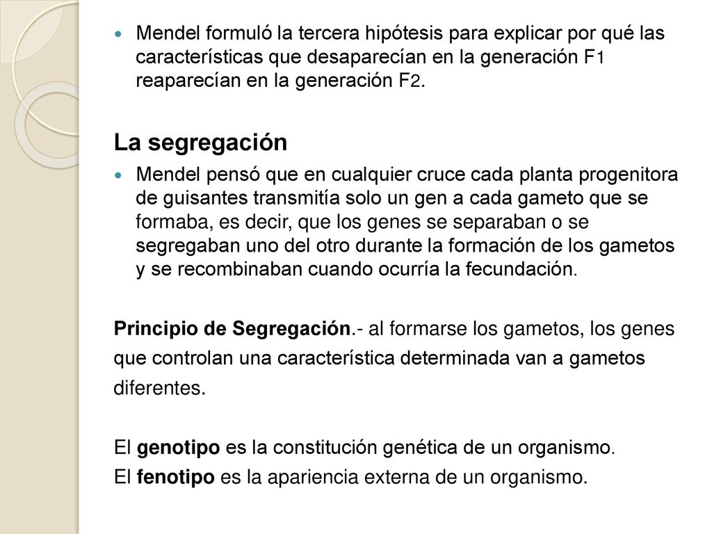 Mendel formuló la tercera hipótesis para explicar por qué las características que desaparecían en la generación F1 reaparecían en la generación F2.