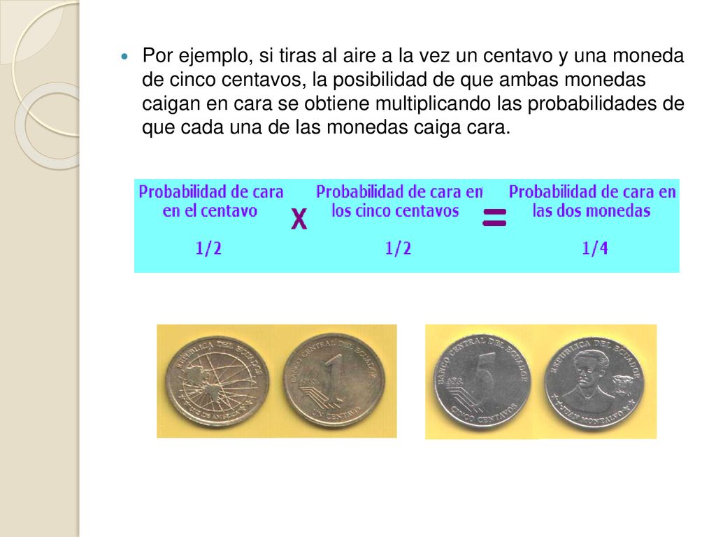 Por ejemplo, si tiras al aire a la vez un centavo y una moneda de cinco centavos, la posibilidad de que ambas monedas caigan en cara se obtiene multiplicando las probabilidades de que cada una de las monedas caiga cara.