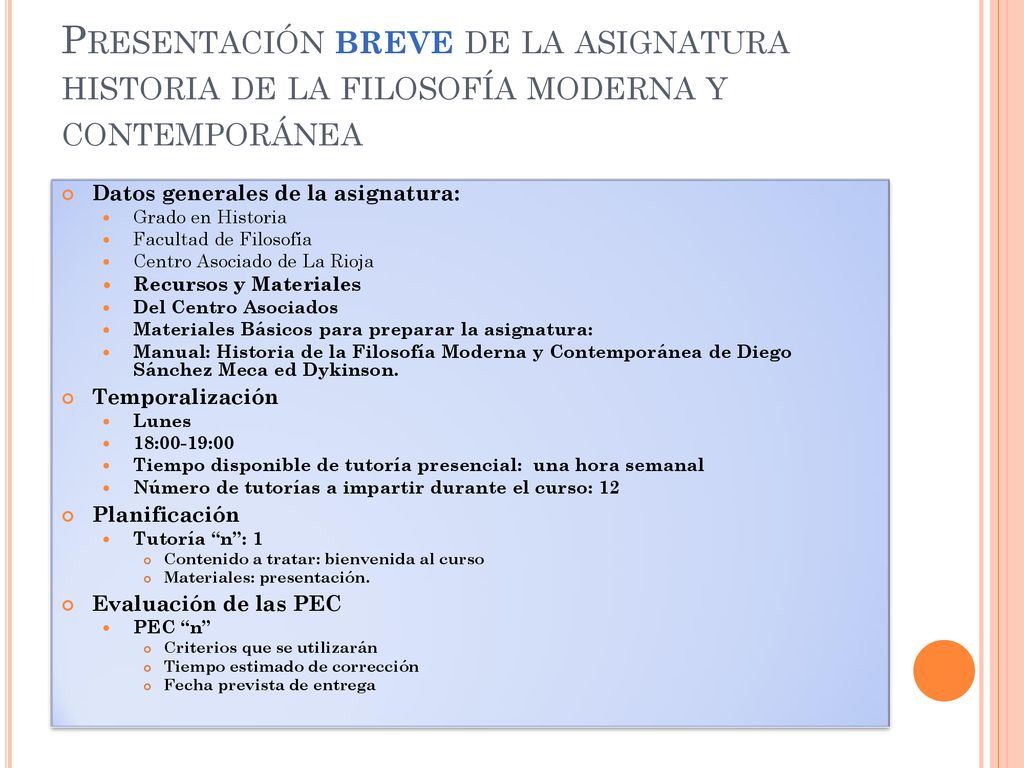 Presentación breve de la asignatura historia de la filosofía moderna y contemporánea