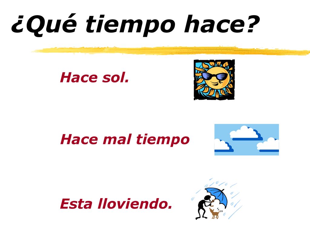 ¿Qué tiempo hace Hace sol. Hace mal tiempo Esta lloviendo.