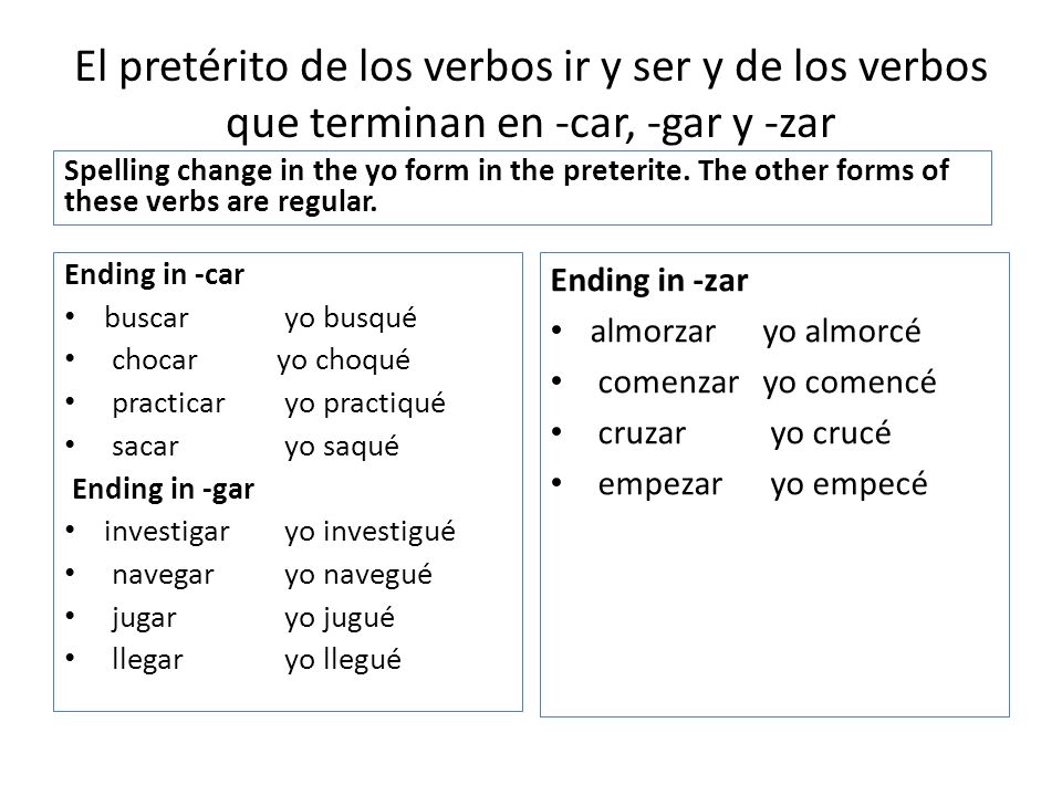 El pretérito de los verbos ir y ser y de los verbos que terminan en -car, -gar y -zar