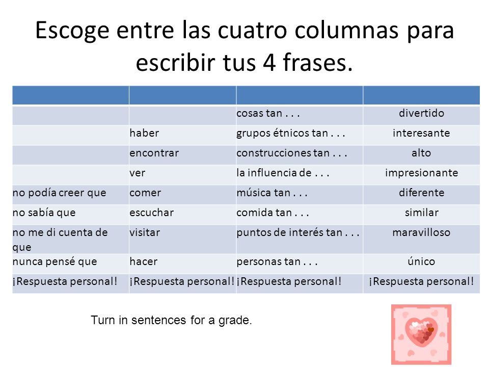 Escoge entre las cuatro columnas para escribir tus 4 frases.