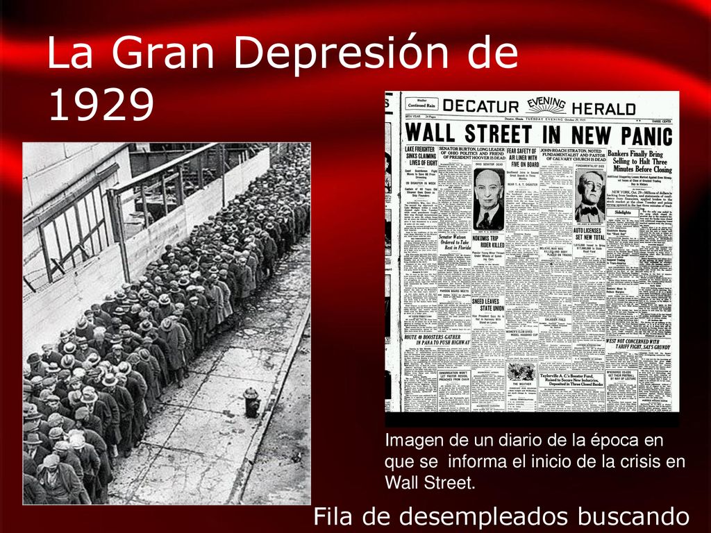La Gran Depresión de 1929 Fila de desempleados buscando empleo.