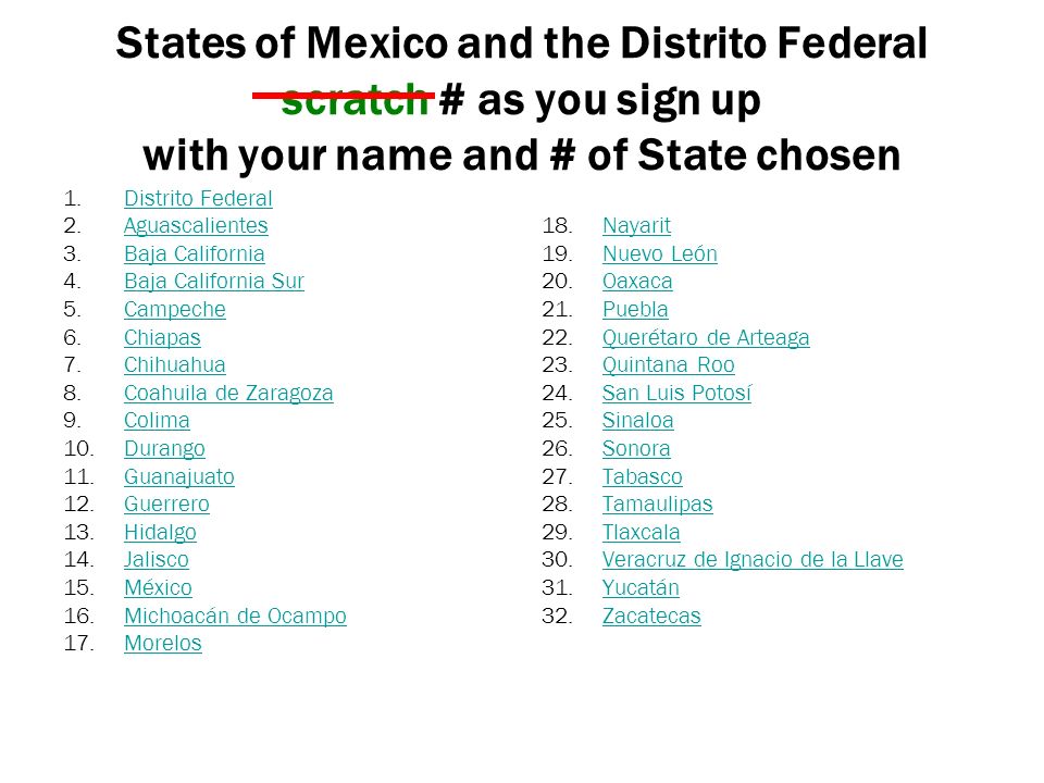 States of Mexico and the Distrito Federal scratch # as you sign up with your name and # of State chosen