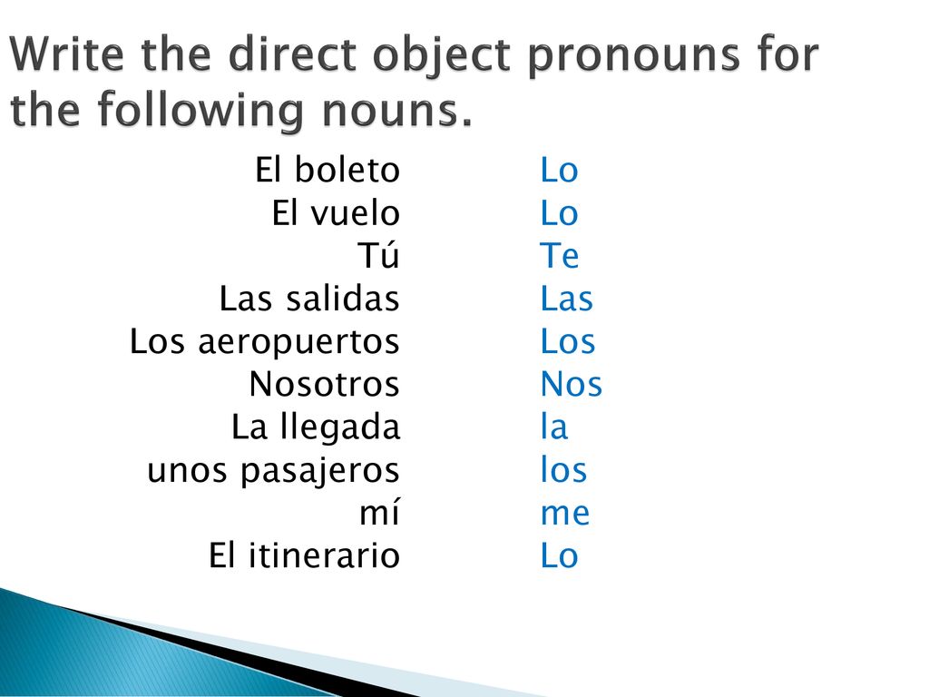 Write the direct object pronouns for the following nouns.