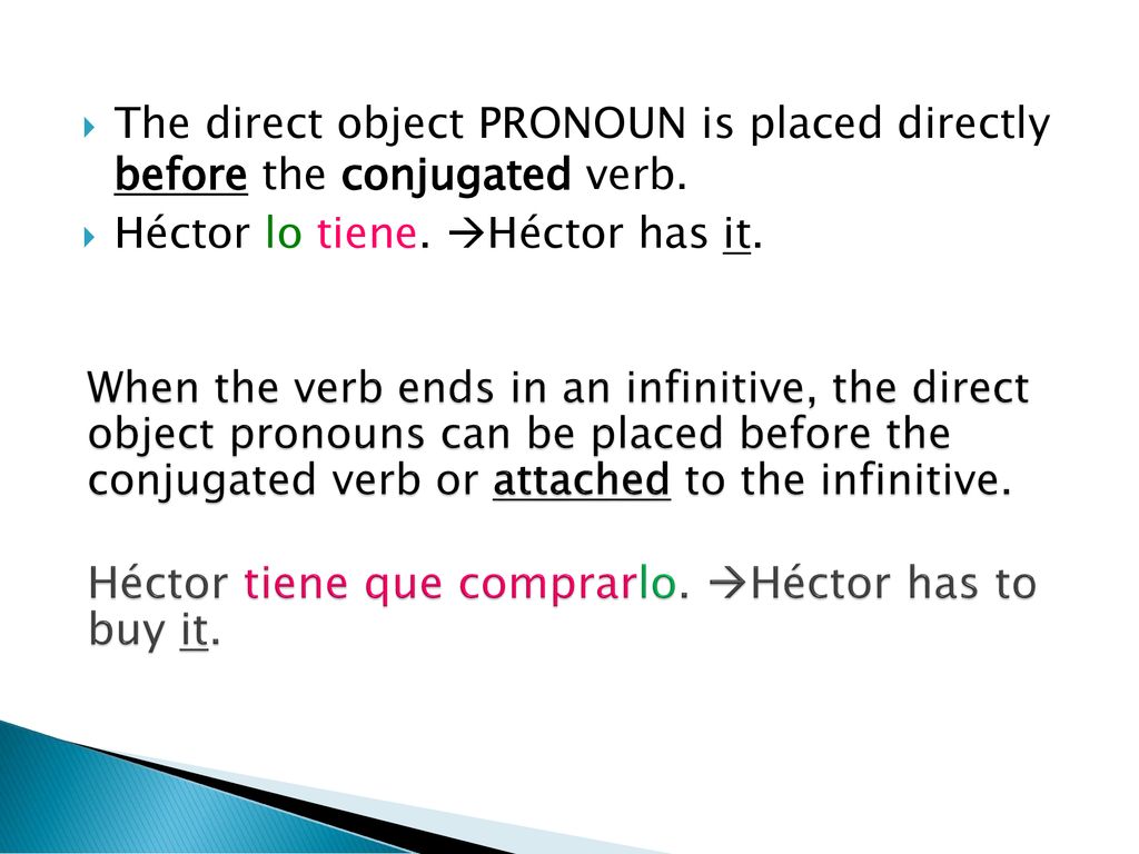 The direct object PRONOUN is placed directly before the conjugated verb.