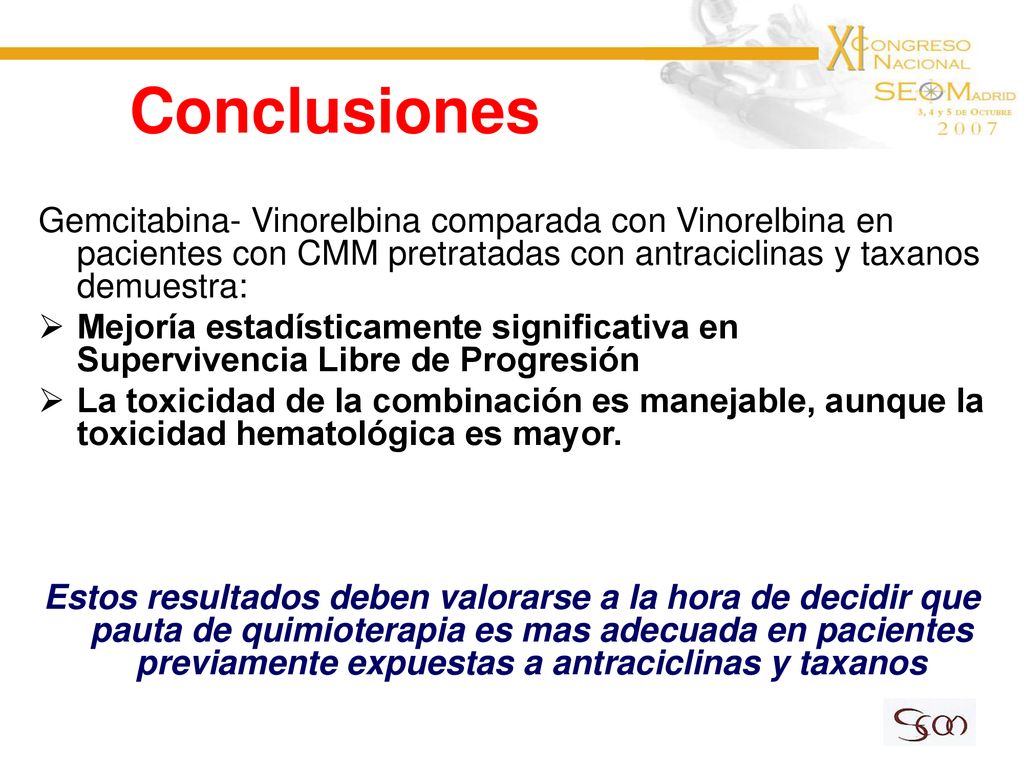 Conclusiones Gemcitabina- Vinorelbina comparada con Vinorelbina en pacientes con CMM pretratadas con antraciclinas y taxanos demuestra: