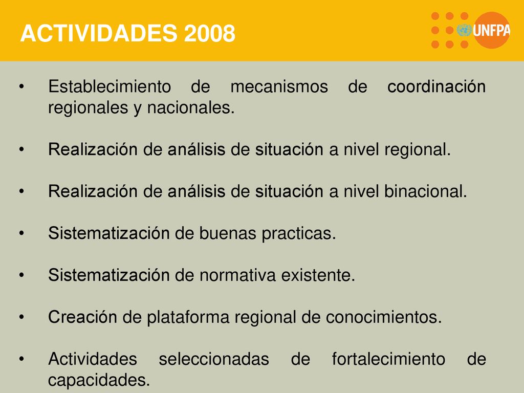 ACTIVIDADES 2008 Establecimiento de mecanismos de coordinación regionales y nacionales. Realización de análisis de situación a nivel regional.