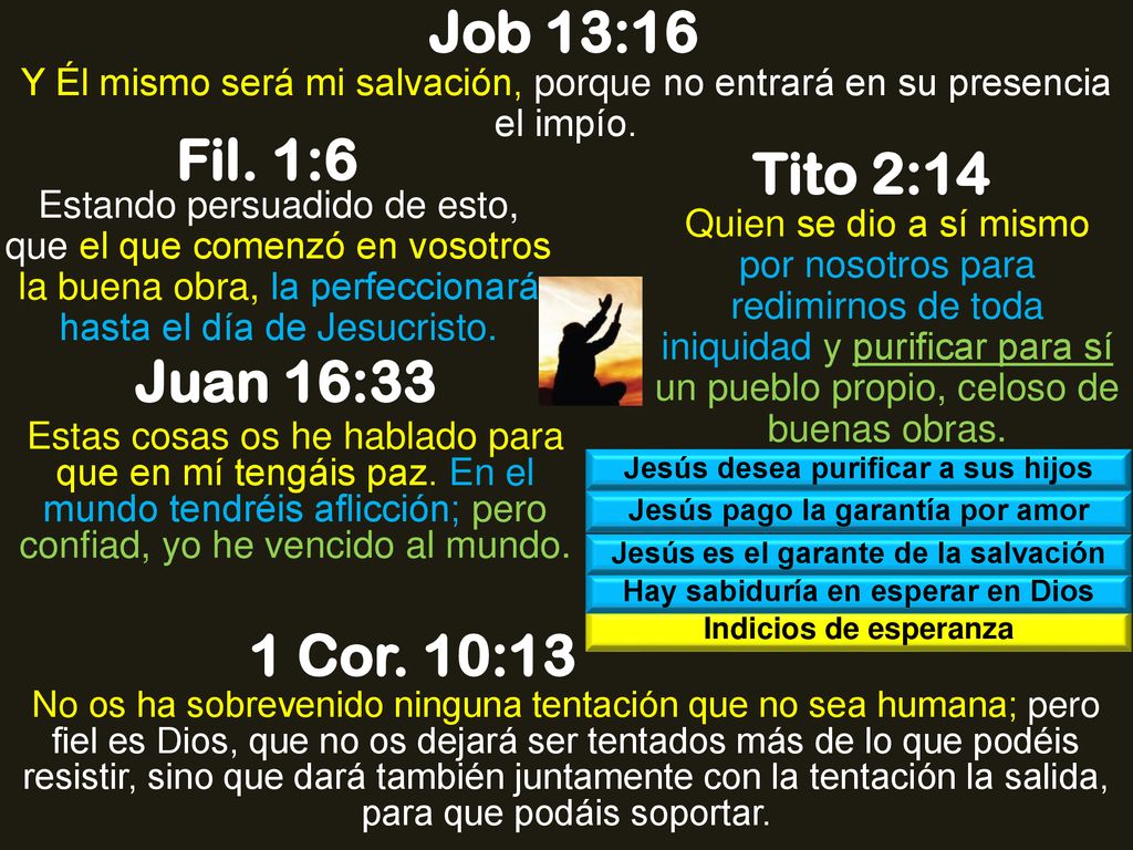 Job 13:16 Fil. 1:6 Tito 2:14 Juan 16:33 1 Cor. 10:13