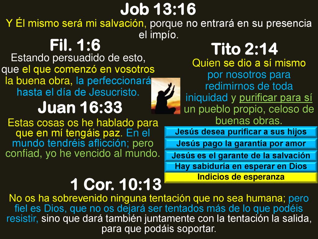 Job 13:16 Fil. 1:6 Tito 2:14 Juan 16:33 1 Cor. 10:13