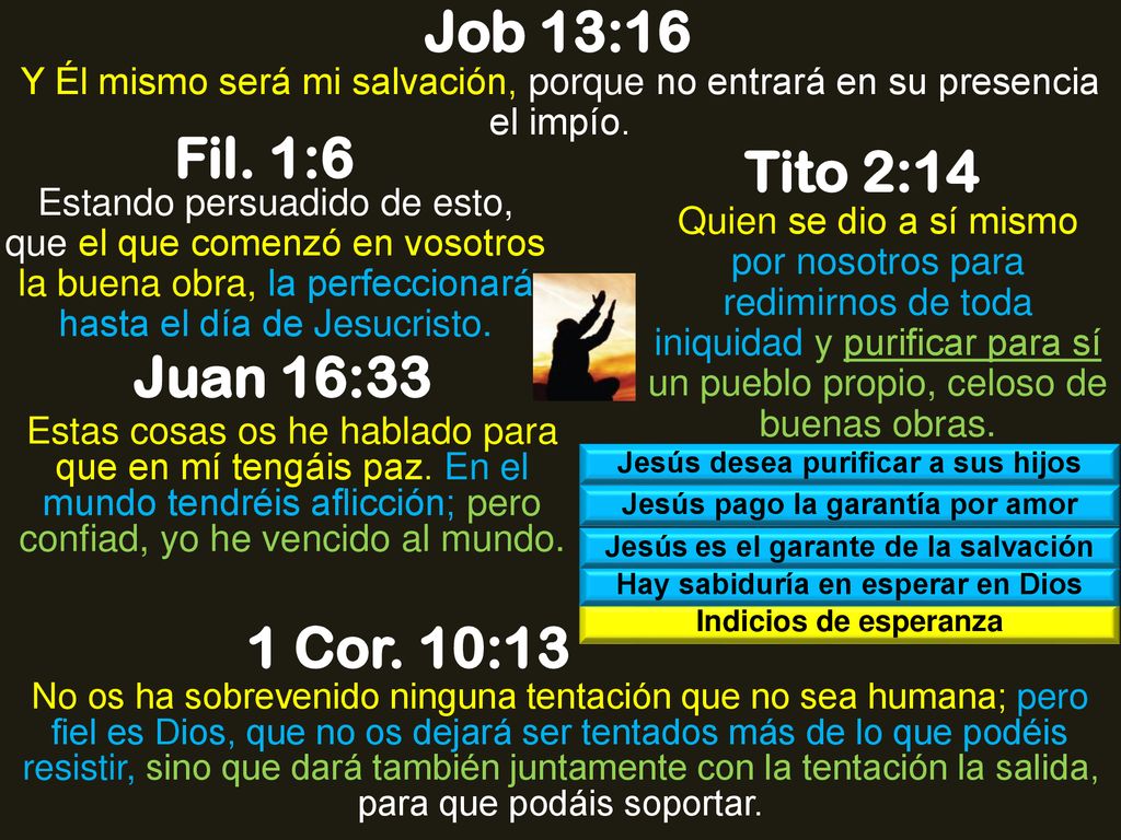Job 13:16 Fil. 1:6 Tito 2:14 Juan 16:33 1 Cor. 10:13