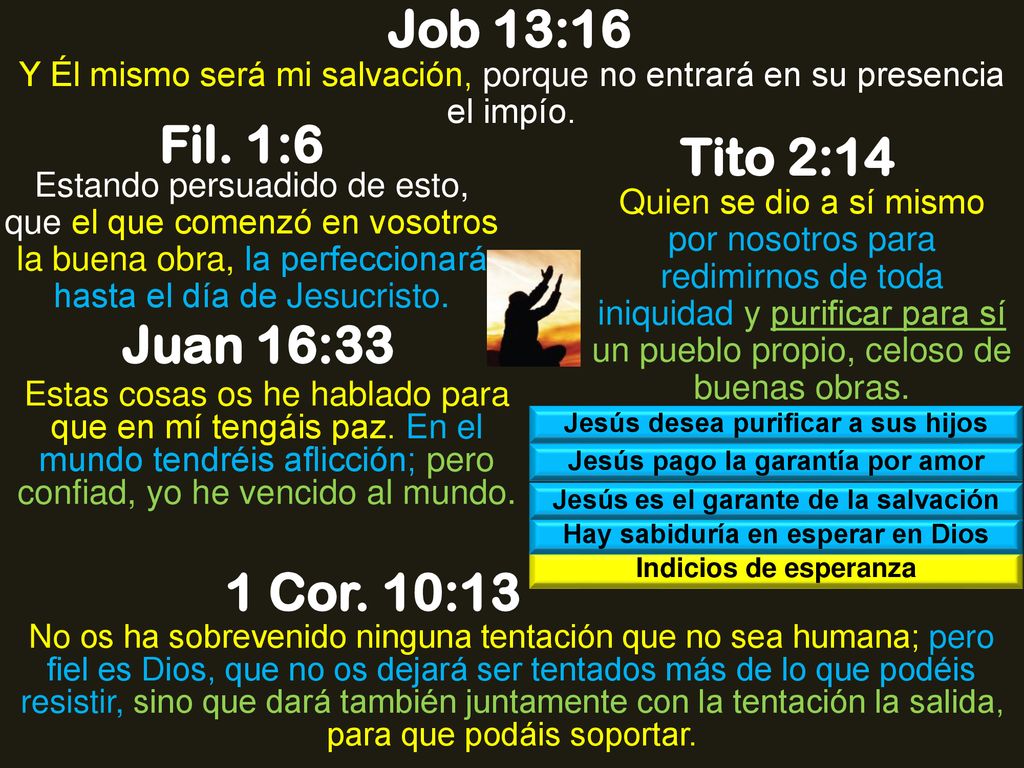 Job 13:16 Fil. 1:6 Tito 2:14 Juan 16:33 1 Cor. 10:13