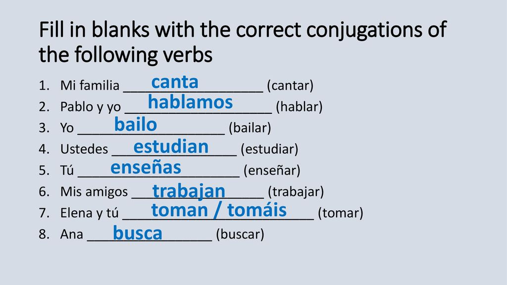 Fill in blanks with the correct conjugations of the following verbs