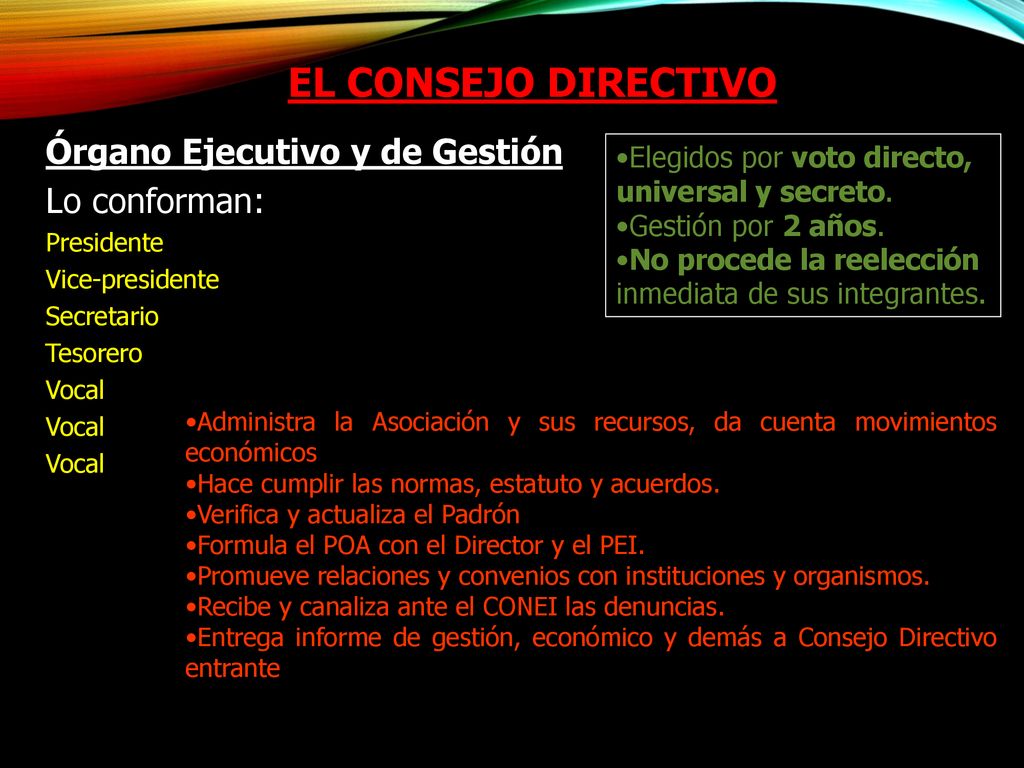 EL CONSEJO DIRECTIVO Órgano Ejecutivo y de Gestión Lo conforman: