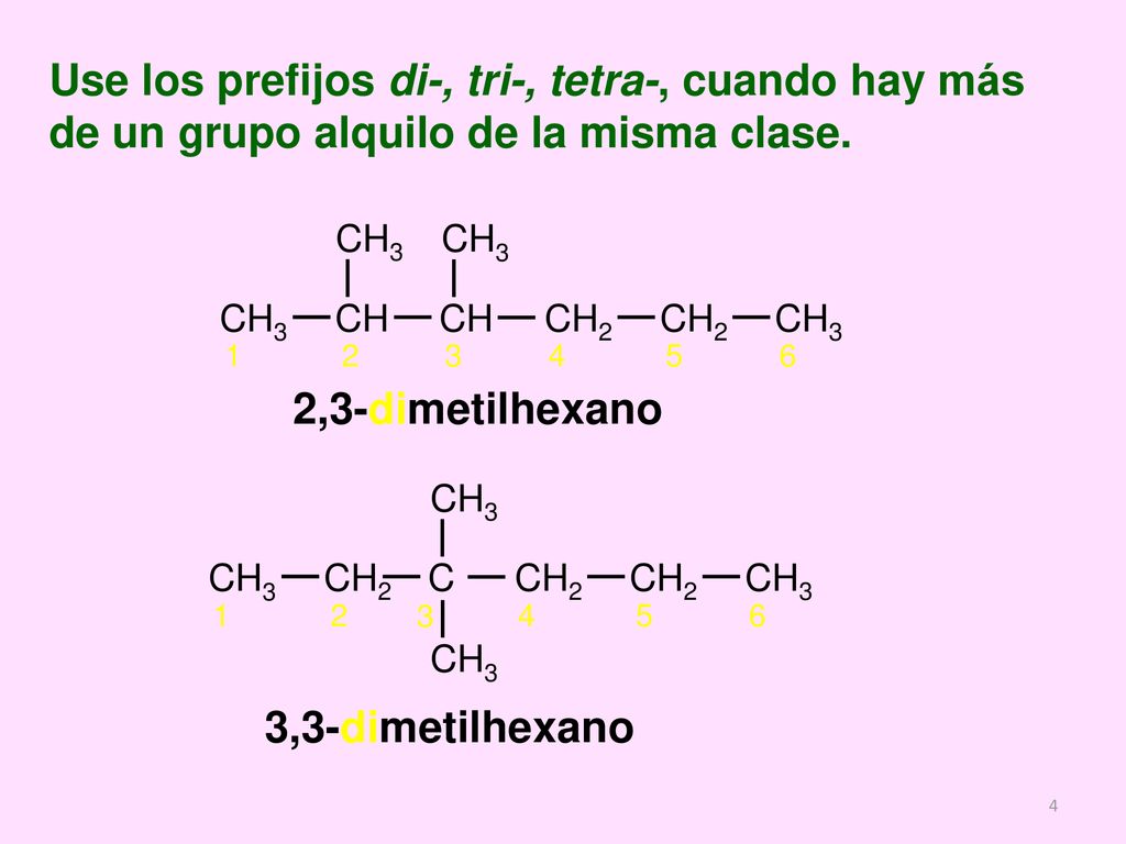 Use los prefijos di-, tri-, tetra-, cuando hay más de un grupo alquilo de la misma clase.