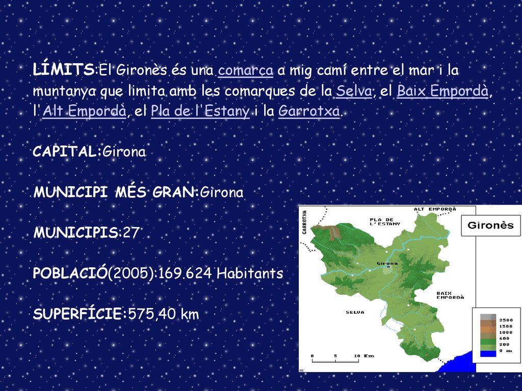 LÍMITS:El Gironès és una comarca a mig camí entre el mar i la muntanya que limita amb les comarques de la Selva, el Baix Empordà, l Alt Empordà, el Pla de l Estany i la Garrotxa.