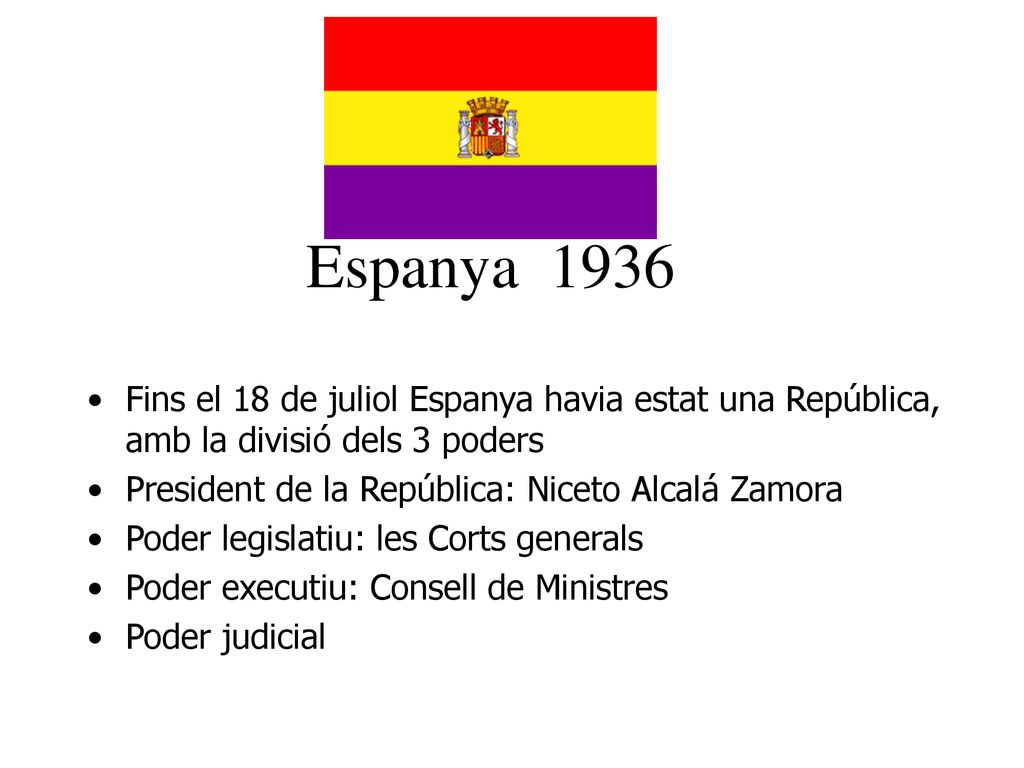 Espanya 1936 Fins el 18 de juliol Espanya havia estat una República, amb la divisió dels 3 poders.