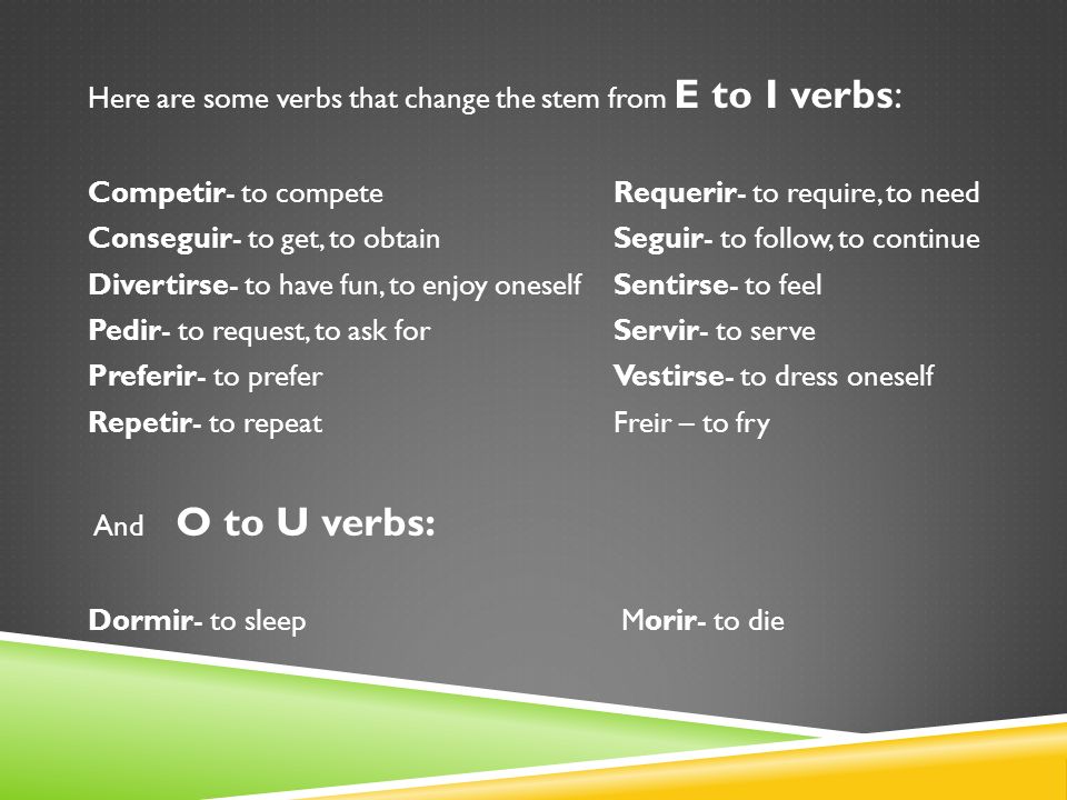 Here are some verbs that change the stem from E to I verbs: Competir- to compete Requerir- to require, to need Conseguir- to get, to obtain Seguir- to follow, to continue Divertirse- to have fun, to enjoy oneself Sentirse- to feel Pedir- to request, to ask for Servir- to serve Preferir- to prefer Vestirse- to dress oneself Repetir- to repeat Freir – to fry And O to U verbs: Dormir- to sleep Morir- to die