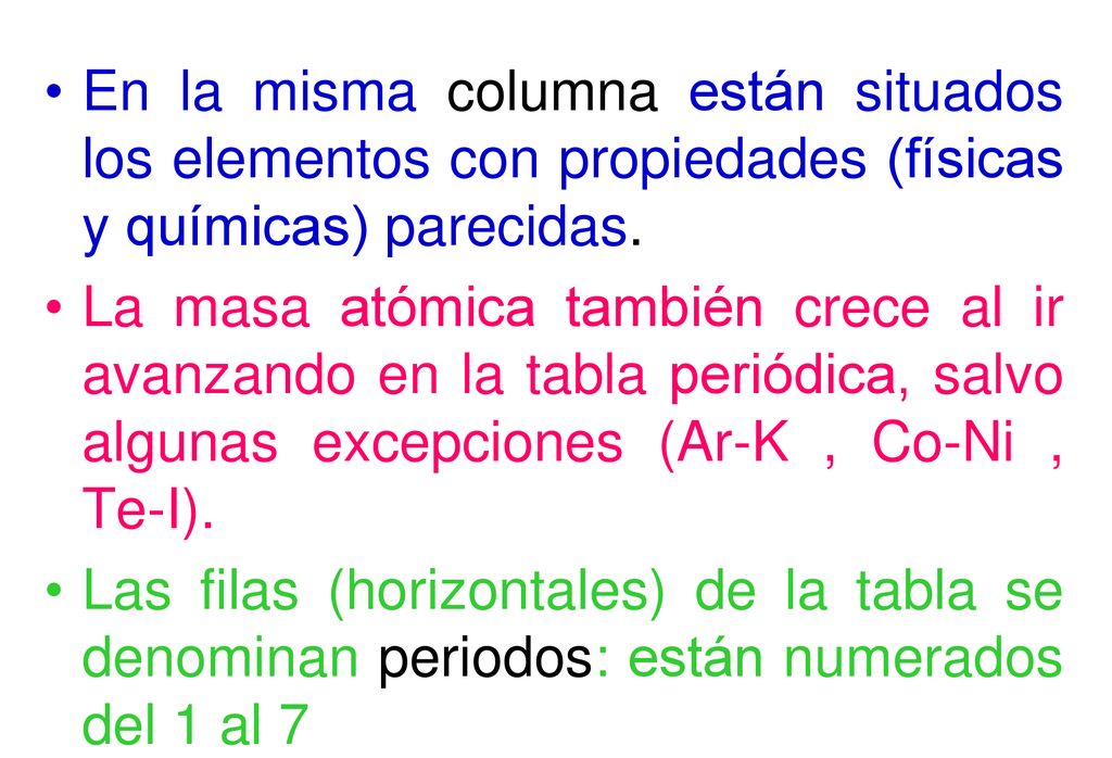 En la misma columna están situados los elementos con propiedades (físicas y químicas) parecidas.