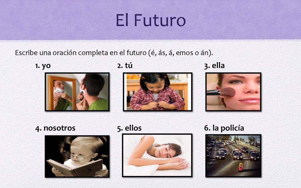 El Futuro 1. yo 2. tú 3. ella 4. nosotros 5. ellos 6. la policía
