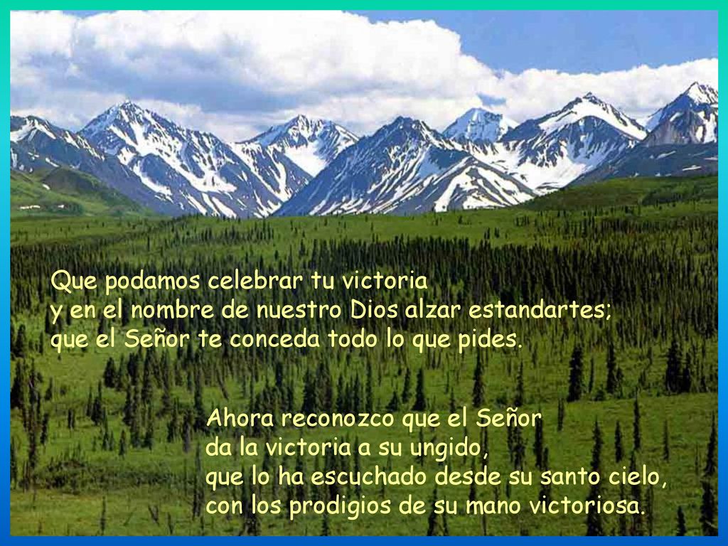 Que podamos celebrar tu victoria y en el nombre de nuestro Dios alzar estandartes; que el Señor te conceda todo lo que pides.