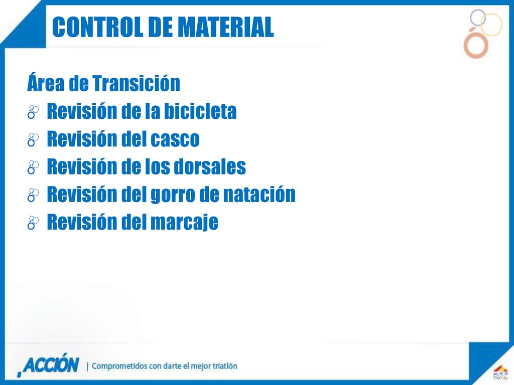 CONTROL DE MATERIAL Área de Transición Revisión de la bicicleta