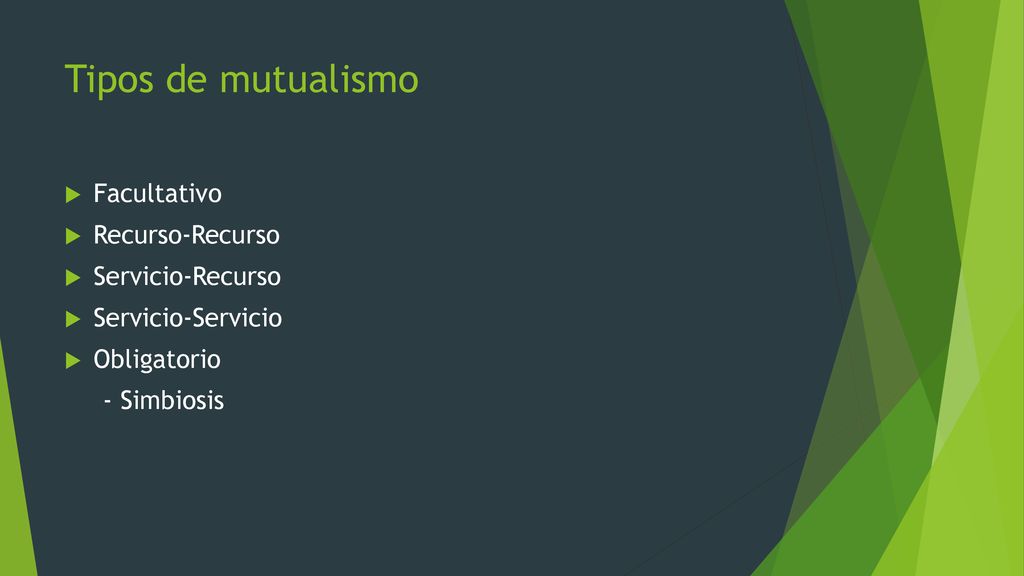 Tipos de mutualismo Facultativo Recurso-Recurso Servicio-Recurso