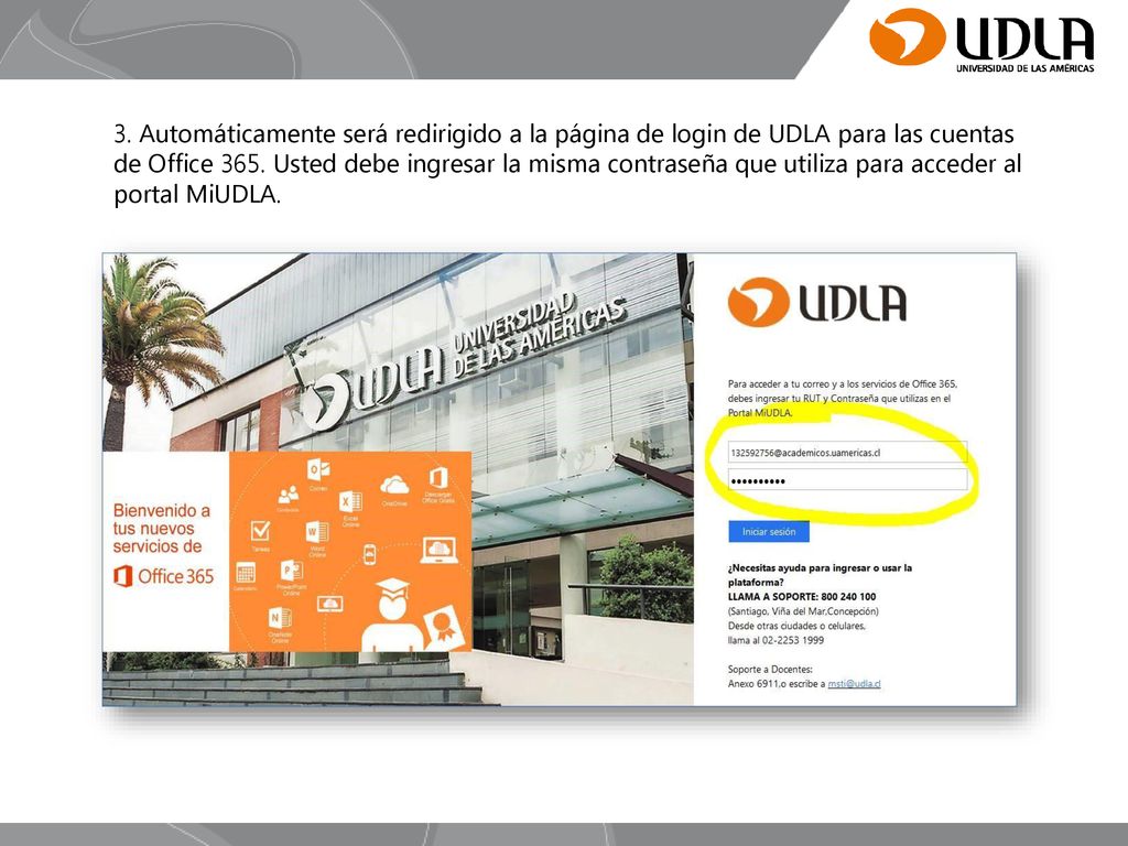 3. Automáticamente será redirigido a la página de login de UDLA para las cuentas de Office 365.