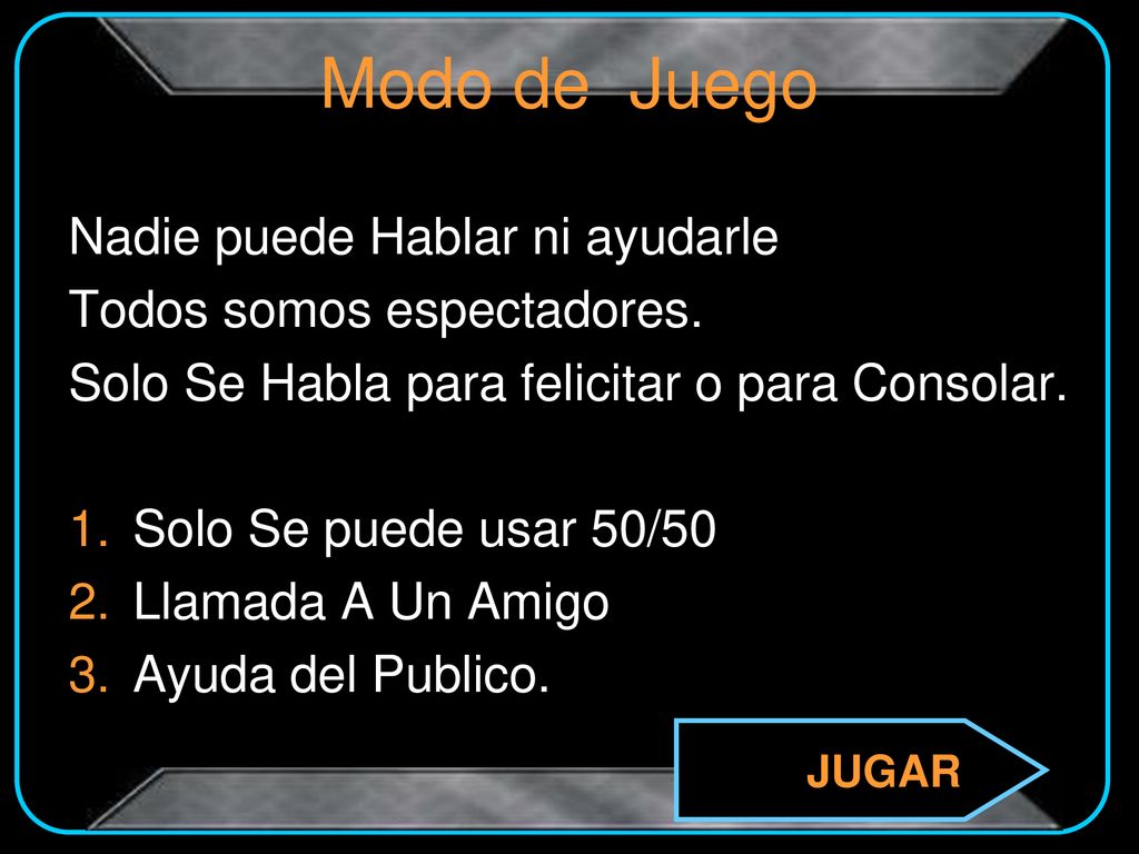 Modo de Juego Nadie puede Hablar ni ayudarle Todos somos espectadores.