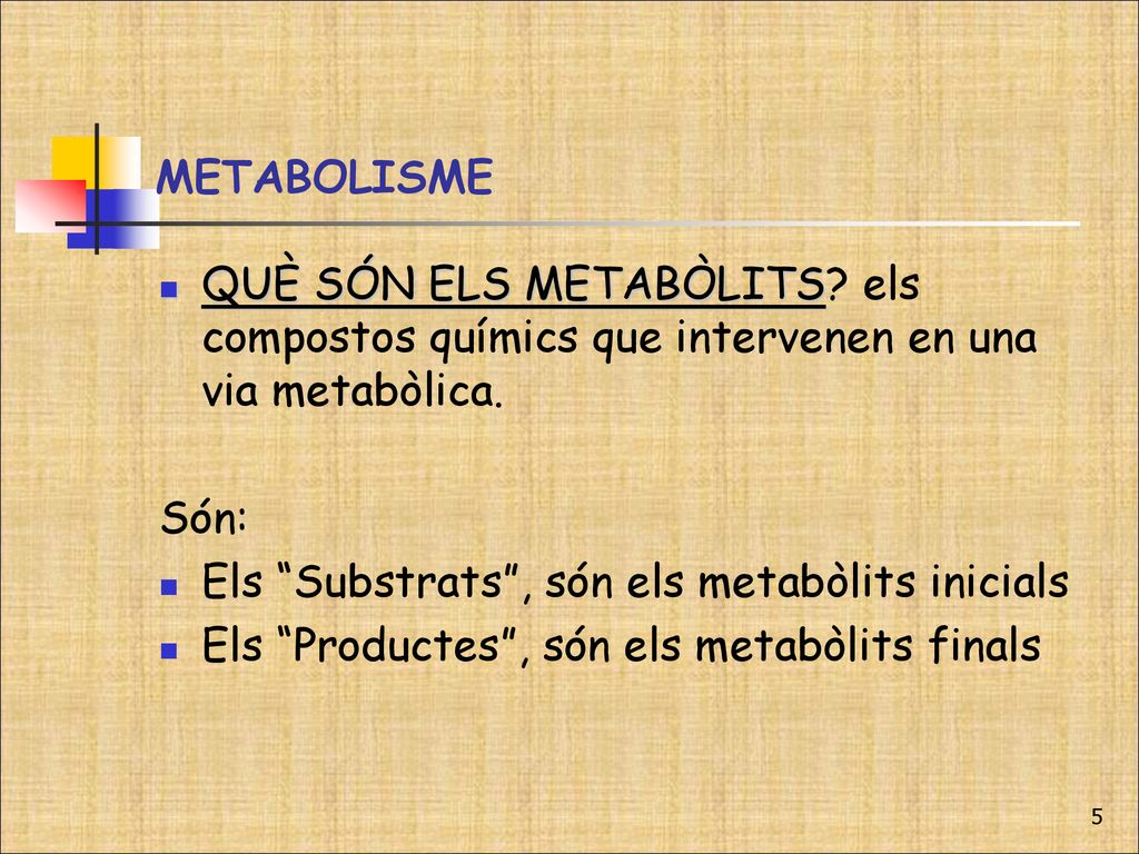 METABOLISME QUÈ SÓN ELS METABÒLITS els compostos químics que intervenen en una via metabòlica. Són: