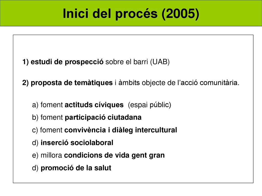 Inici del procés (2005) 1) estudi de prospecció sobre el barri (UAB)